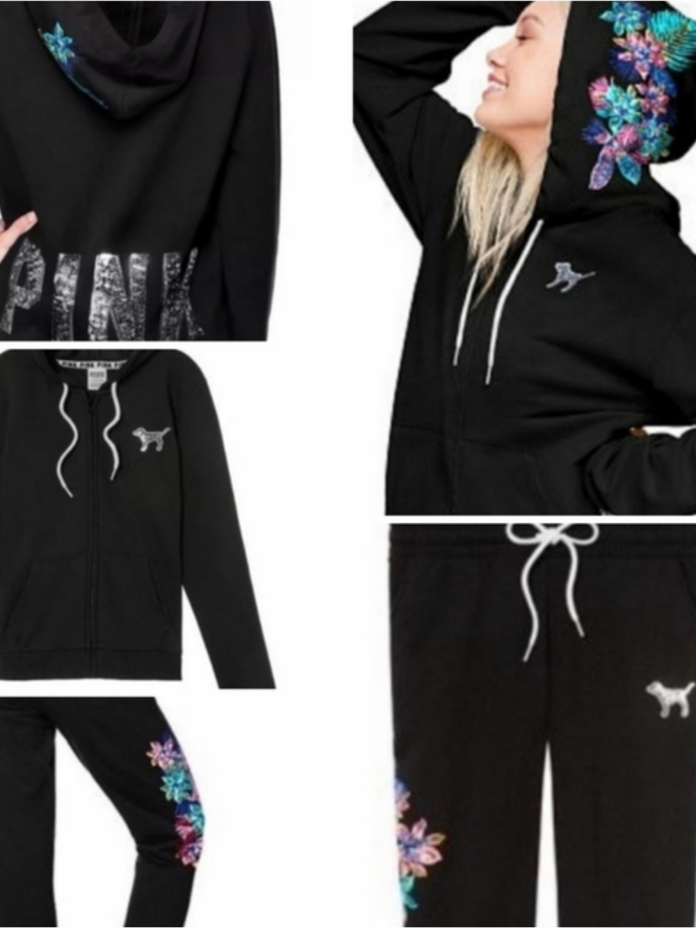 VS PINK Bling Hibiscus Zip Up Hoodie/ Sweatshirt Set
